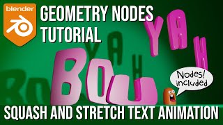 Squash and stretch bouncing text animation with Blender 3.2 geometry nodes