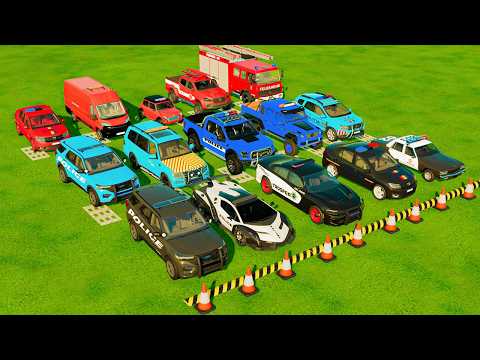 TRANSPORTING POLICE CARS, AMBULANCE, FIRE TRUCK, COLORFUL CARS WITH TRUCK -FARMING SIMULATOR 22!