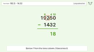 Long Subtraction Problem 192.5-14.32: Step-by-Step Video Solution