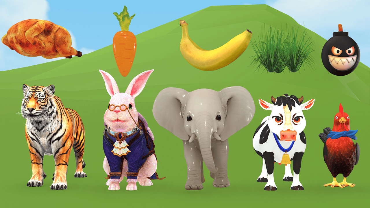 Realistic 3D Animation of Wild Animals – Elephant, Tiger, Chicken , Rabbit & Cow Naturel in forest