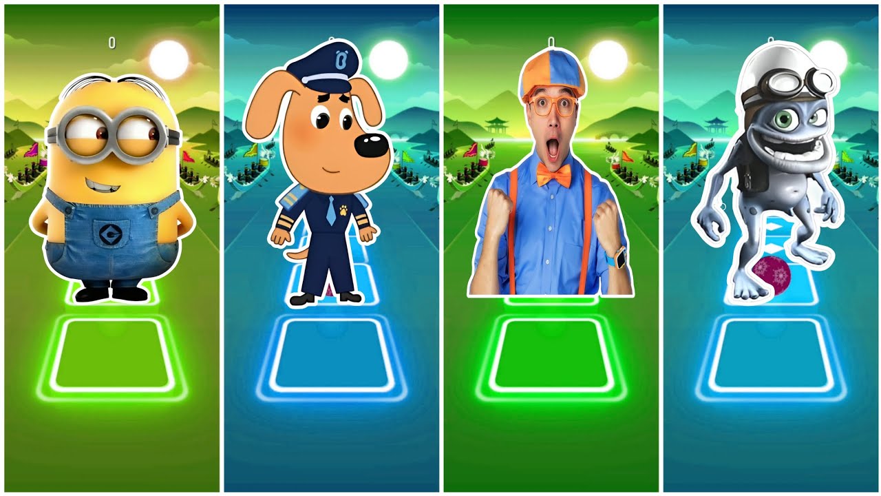 Minions Vs Sheriff Labrador Vs blippi Vs Crazyfrog | Tiles Hop Coffin Dance 🎶