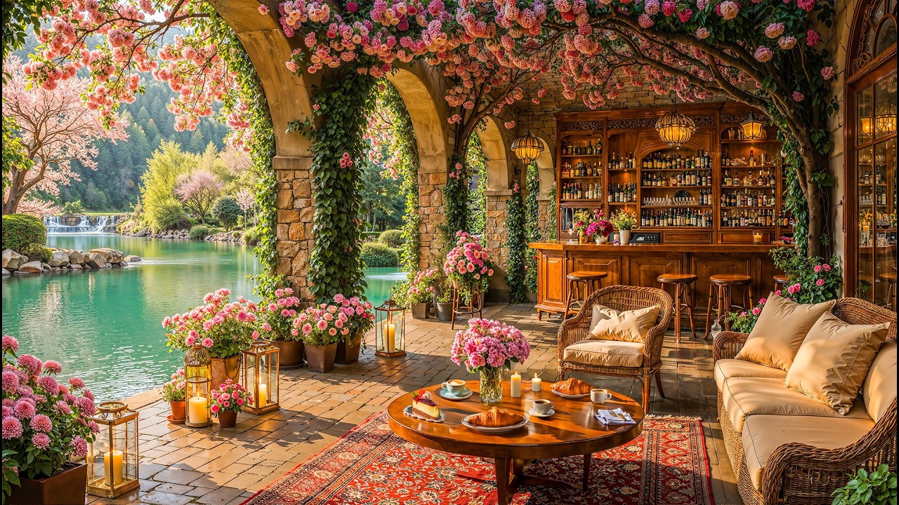 Spring Morning at a Jazz Café 🌸 Peaceful Lakeside Terrace with Flowers & Warm Light