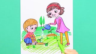 How to draw kids planting trees (World Environment Day)