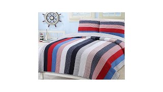 Cozy Line Home Fashions Axel Bedding Quilt Set, Nautical Navy Blue Red Striped Print 100% Cotton Re
