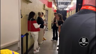 CAITLIN CLARK AND KATE MARTIN EMBRACE EACH OTHER AFTER THE GAME; JAN JENSEN HUGS MARTIN AFTER GAME