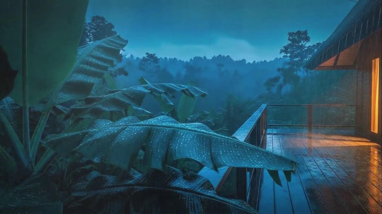 Instant Sleep with Gentle Rainfall and Distant Thunder Echo at Wooden Cabin Terrace 🌧️