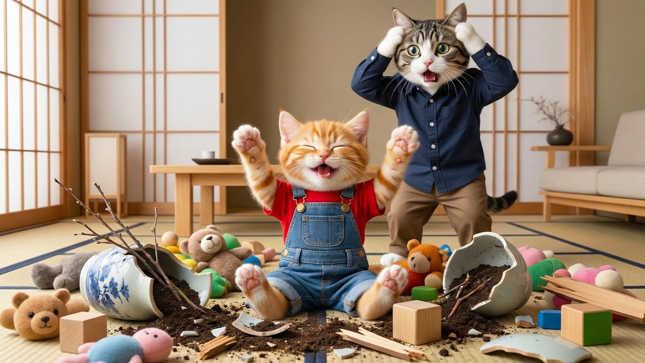 🐱🏠 Mama Cat Is Away… Ginger Kitten Helps Papa Cat but Breaks Everything! 💔