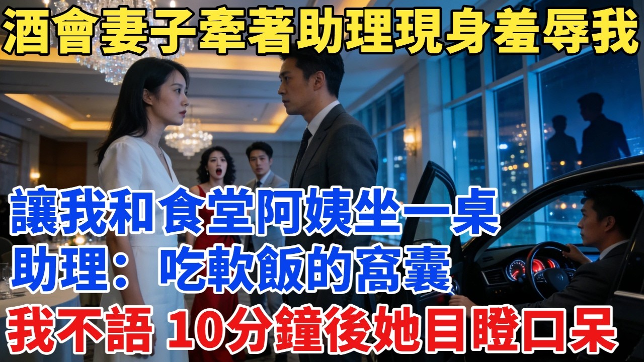 酒會上妻子當眾牽著助理現身羞辱我，讓我和食堂阿姨坐一桌，助理：靠老婆吃軟飯的窩囊廢，我笑而不語，10分鐘後她目瞪口呆#故事#故事分享#小说#爽文#情感#情感故事#家庭