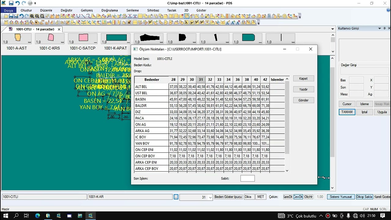 gerber acuunmark ölçü tablusu hazırlama