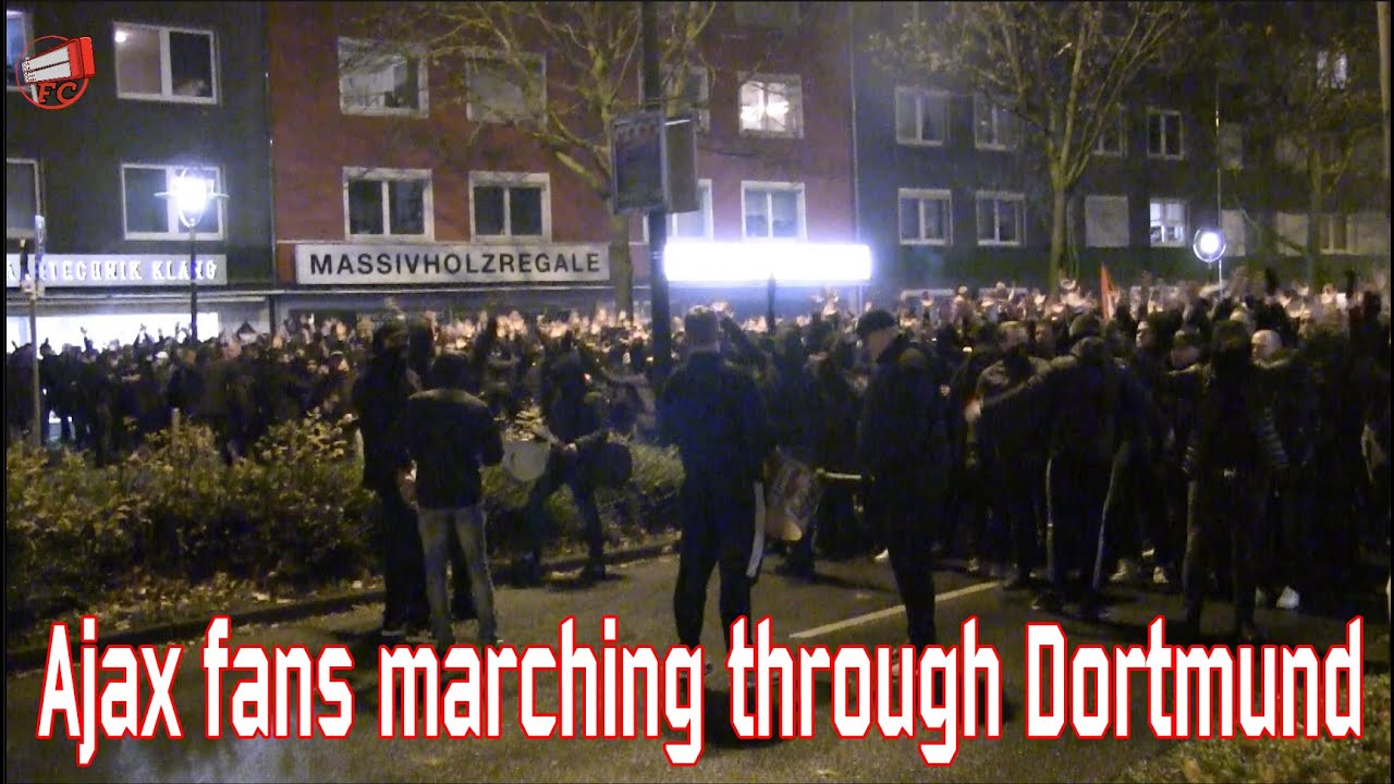 Ajax fans marching through Dortmund