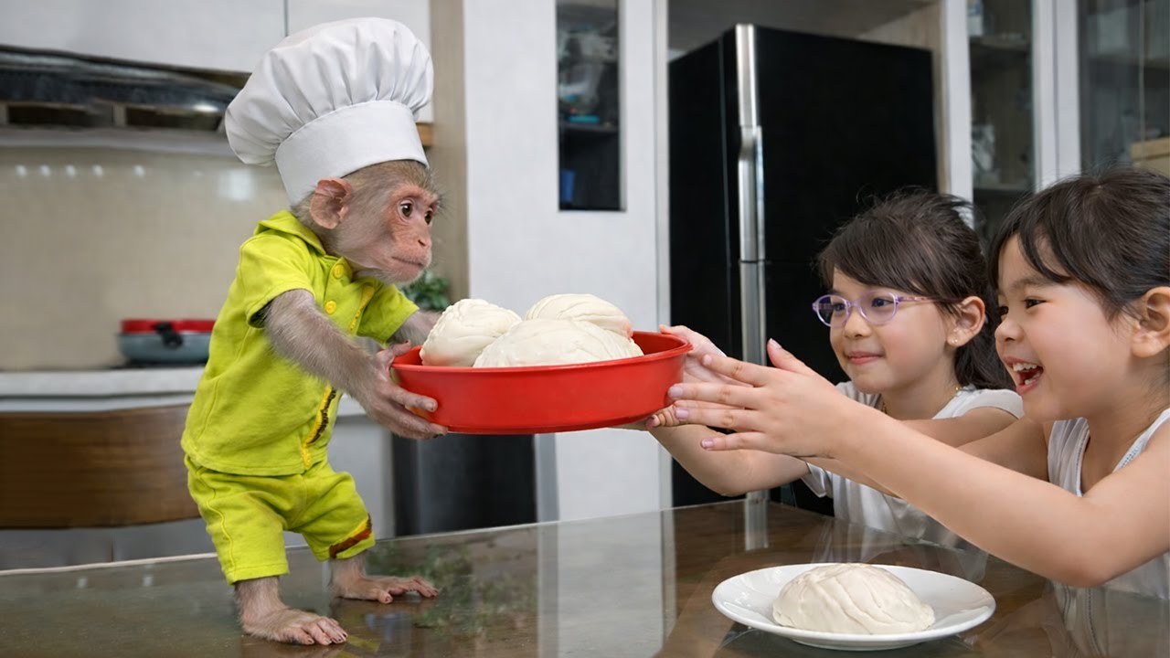 Милое утро обезьянки Биби: она готовит завтрак для своих сестер.