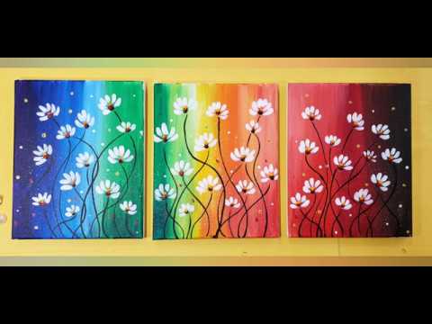 इंद्रधनुष पृष्ठभूमि के साथ डेज़ी फूल, 3 पैनल कैनवास पेंटिंग, शुरुआती के लिए आसान, एक्रिलिक पेंटिंग