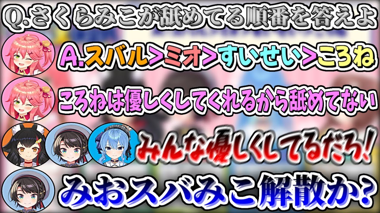 『さくらみこが舐めてる順番』を分かり手のホロメンに聞いてみた結果w【さくらみこ/大神ミオ/大空スバル/星街すいせい/戌神ころね/ホロライブ切り抜き】