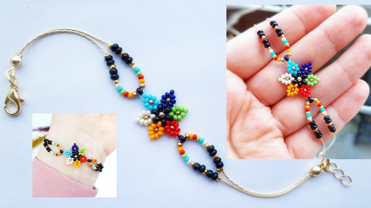 Zarif çiçekli Zincir Bileklik Yapımı. Flower Chain Bracelet Making. #beading #tutorial