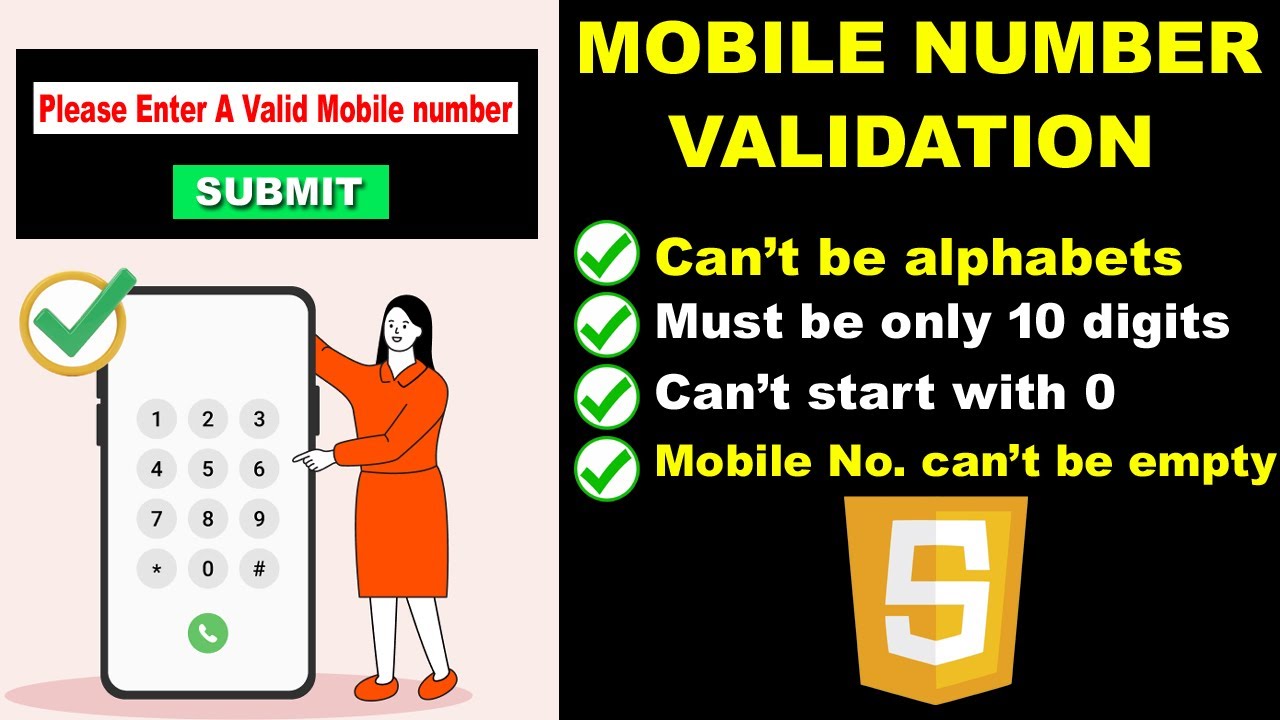 mobile number validation in JavaScript, Form validation in JavaScript, HTML Form validation tutorial