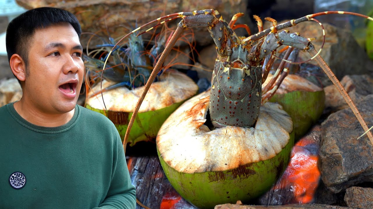 กุ้งมังกรเผามะพร้าว เมนูเอาชีวิตรอดในป่าลึก Lobster burn coconut Primitive Food