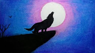 How to draw Scenery of Moonlight Wolf with Oil Pastel step by step screenshot 2