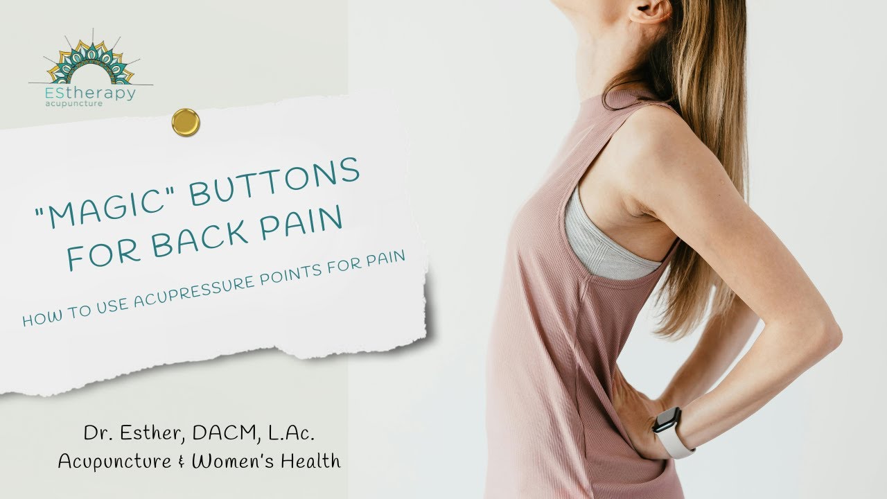 Woman holding her lower back in pain, thumbnail for Dr. Esther's guide on treating chronic back pain with acupressure.