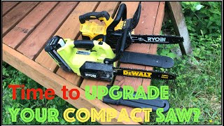 12 Inch Chainsaw Comparison - Gen1 DeWalt 20V vs. Gen2 Ryobi 40V.