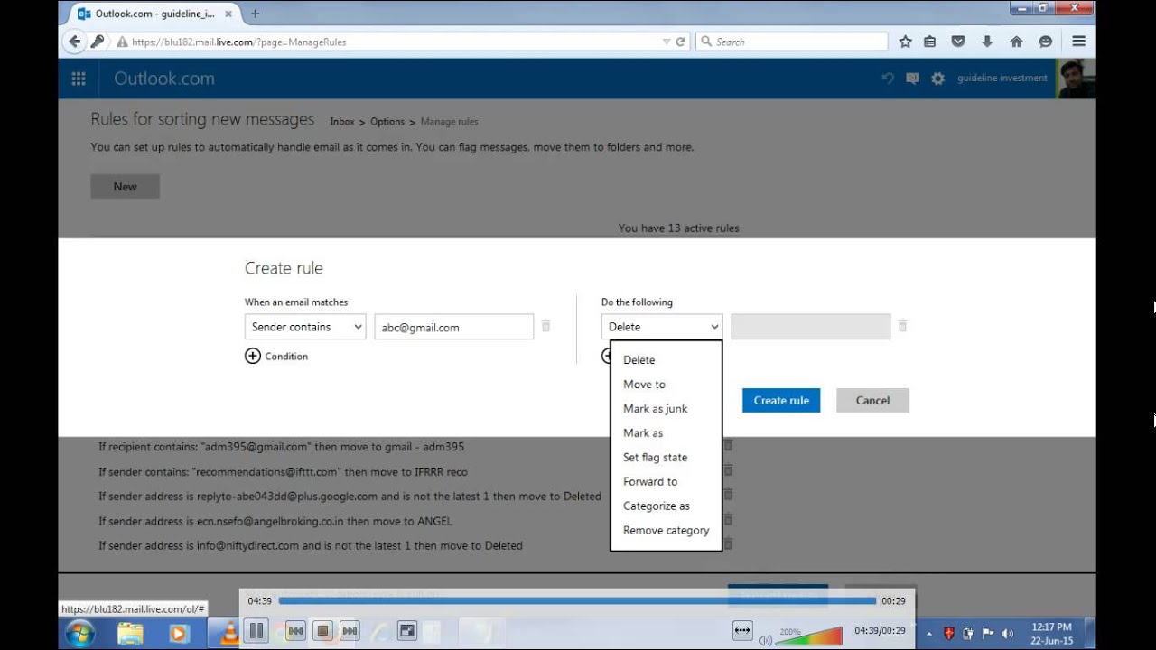 Hotmail auto move  forward delete