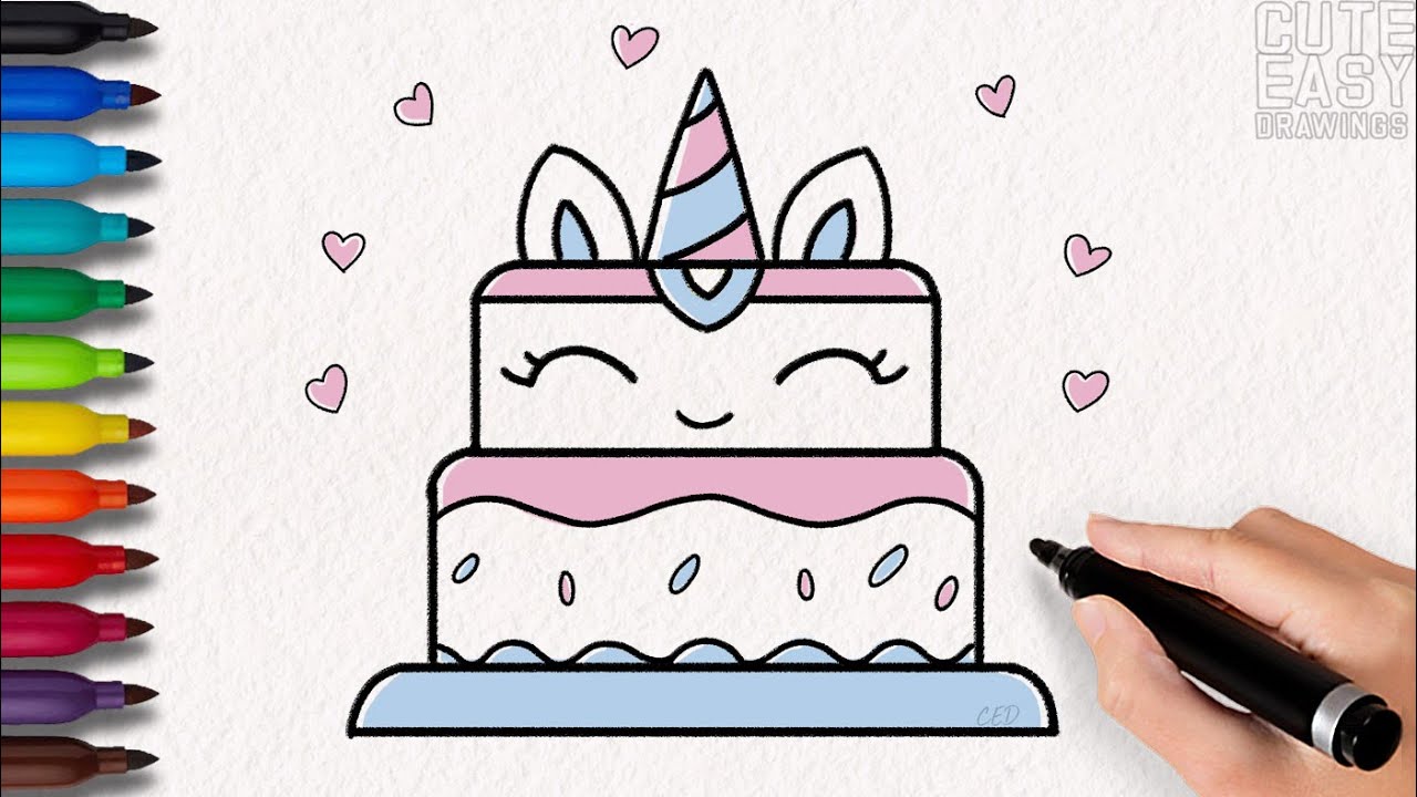 How to Draw a Simple Cute Unicorn Cake - YouTube