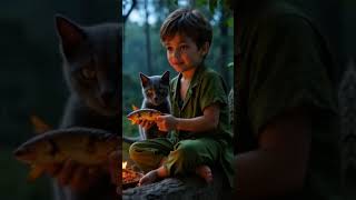 A Boy and His Cat: Pure Joy by the Campfire with a Fresh Catch A Boy and His Cat: Pure Joy by the Campfire with a Fresh Catch