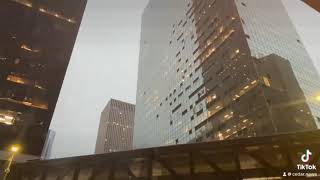 Windows blown out at the CenterPoint Total Energies towers in downtown Houston, Texas