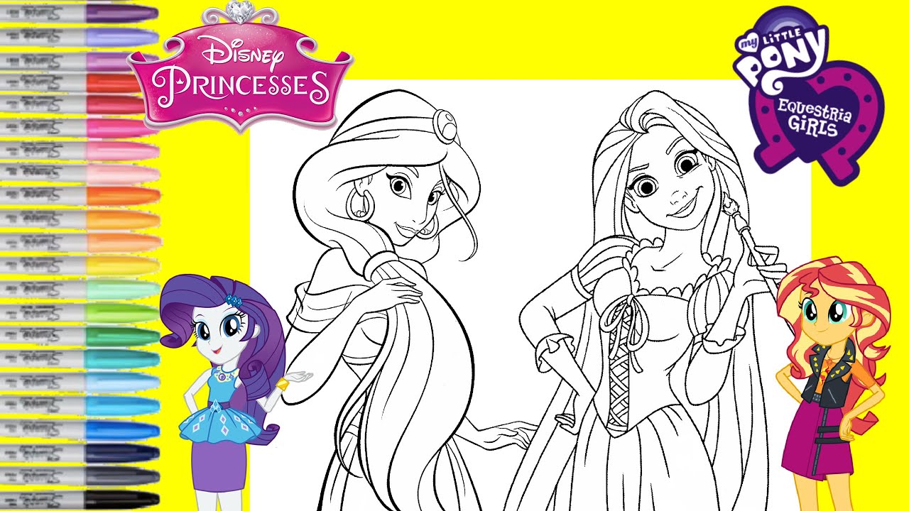 Disney Princess Makeover as My Little Pony Rarity and Sunset Shimmer Coloring Book Pages