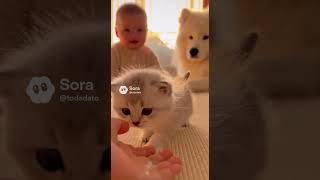 Curious Kitten Takes Its First Steps… Baby Watches Softly ☀️🐱 #baby #snuggly #cute #dog