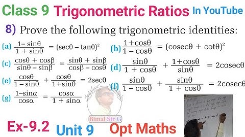 class 9 Unit 9 Ex-9.2 Q8a,b,c,d,e,f,g) Trigonometric Ratios optional maths