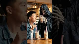 man enjoying bubble coffee with skeleton #aicartoon #cute #animation