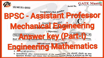 BPSC Assistant Professor Mechanical Engineering Answer Key (Part-I) Engineering Mathematics.
