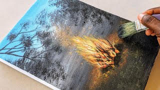How to Paint Fire in the Woods in the forest/ Easy Acrylic Painting Tutorial for Beginners🔥🎨🖌️