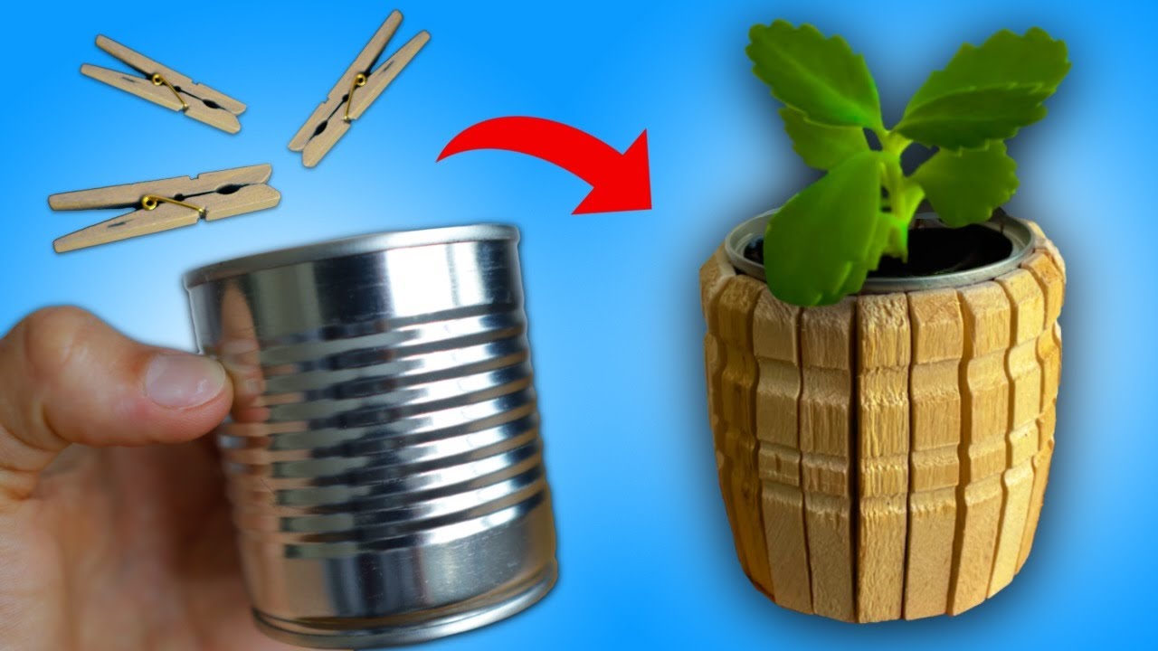 DIY Flower Pot from Can & Clothespins YouTube