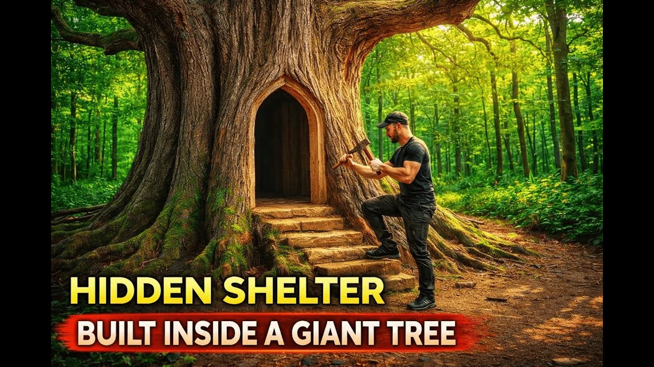 Built a Hidden Shelter INSIDE a Giant Tree — You Won’t Believe This Secret Bushcraft Build! 🌲🏡