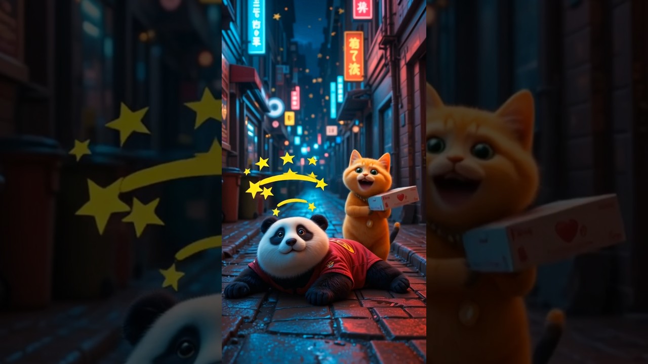 Ai orange Cat stealing Pizza from Panda 🐼 😺 🍕 