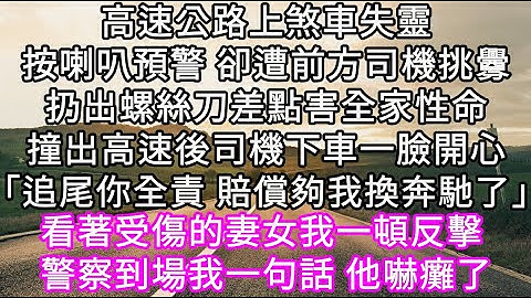 高速公路上煞車失靈按喇叭預警 卻遭前方司機挑釁扔出螺絲刀差點害全家性命撞出高速後司機下車一臉開心「追尾你全責 賠償夠我換奔馳了」#心書時光 #為人處事 #生活經驗 #情感故事 #唯美频道 #爽文