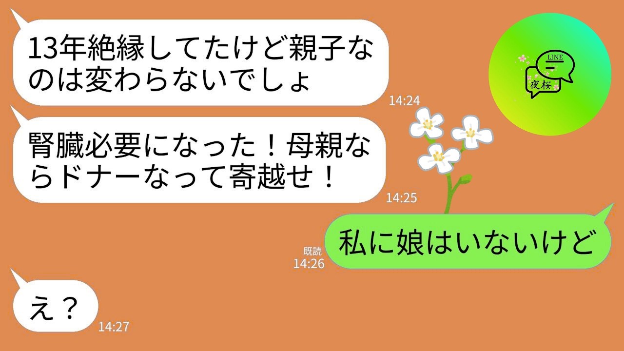 【LINE】13年前に絶縁した娘から突然のドナー提供依頼。娘「娘のために母親らしいことしろ！腎臓よこせ！」夫「娘のためだろ？」→私「私に娘はいないけど」娘「え？」