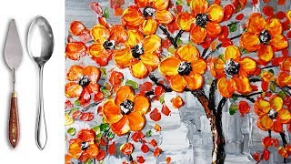 Challenge #11 Paint a Red tree flowers Acrylic Painting  with A SPOON