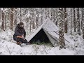 Winter Solo Overnight During Snowfall  with Polish Lavvu Hot Tent | Bushcraft and Camp Cooking