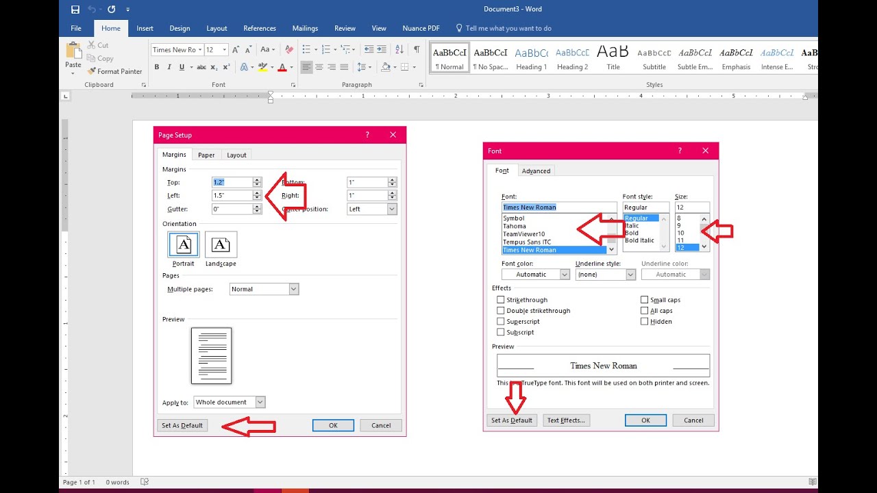 change default font size in word document