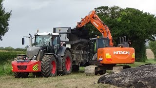 Sewage Sludge / Muck Spreading with Black Beauty Fendt & Hitachi Excavator and Cultivating with JD