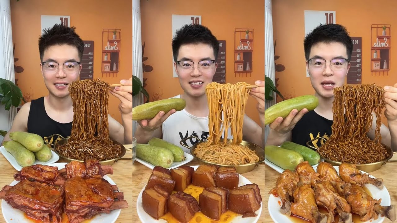 Spicy Noodles with Pork, Spicy Chicken Drumsticks And Zucchini Eating Mukbang