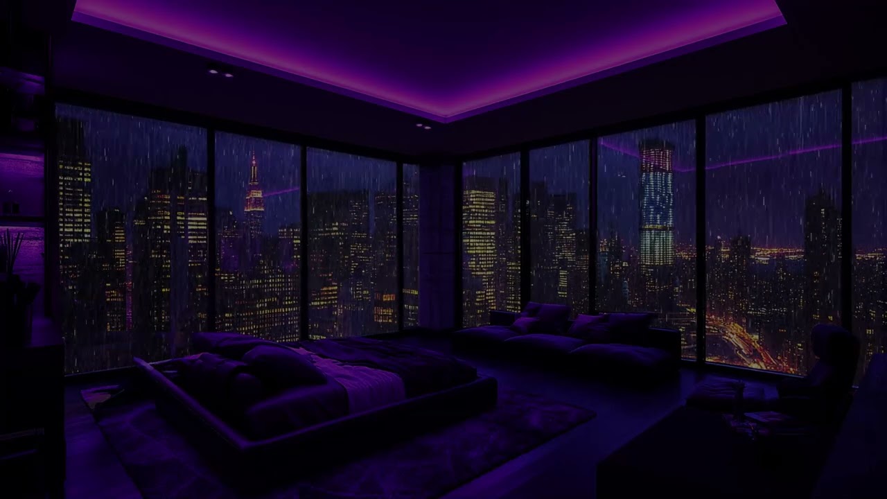 Luxury NYC Bedroom at Night 🌌 Purple Neon City Glow & Deep Rain Ambience