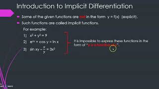 16th video: MAT183 - Implicit Differentiation - Introduction