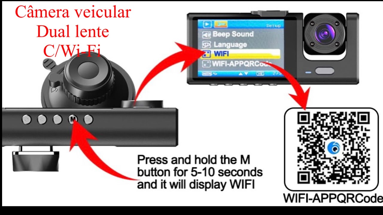 Configuração câmera veicular dual lente c/ Wi-Fi tela LCD