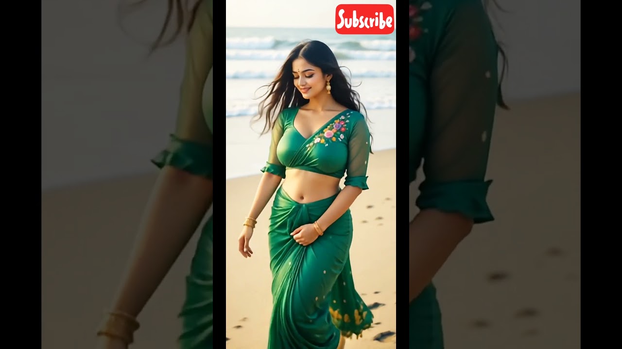 🌿✨ Graceful Beauty in Green Saree by the Seashore 🌊💚🌺