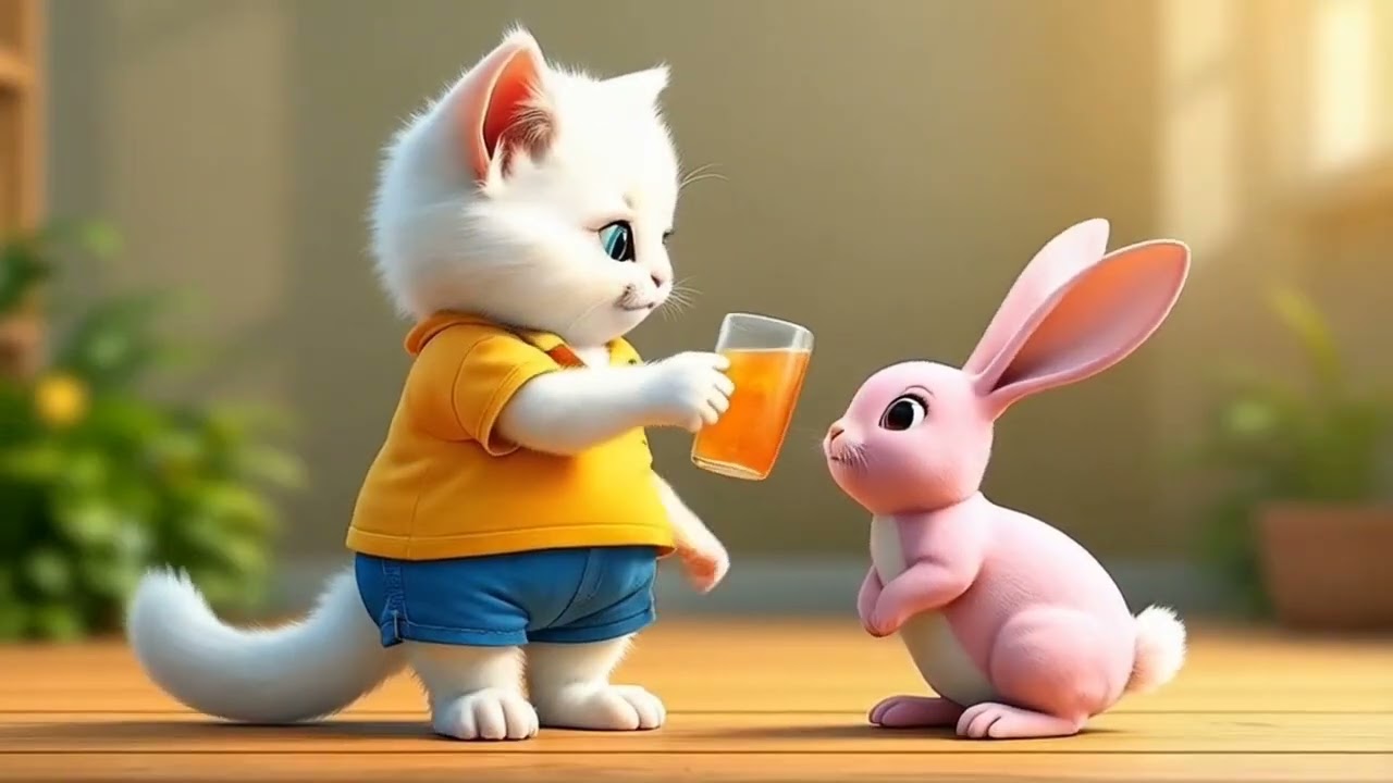 The cat's cheerful day with the pink rabbit 