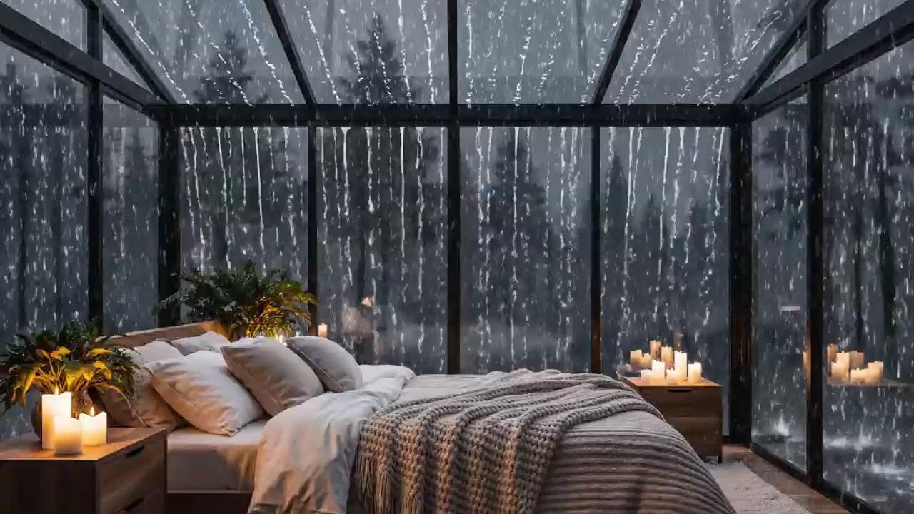 Heavy Rain Sounds for Sleeping 🌧️ Cozy Glass Cabin |  ASMR Deep Sleep