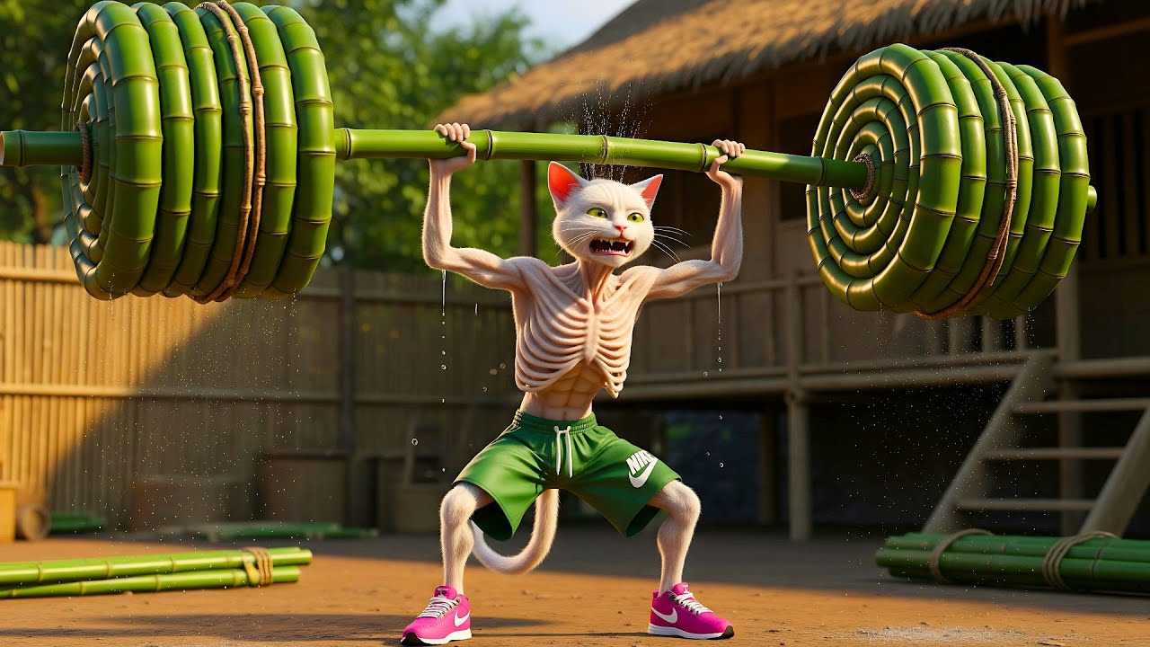 💪🎋🔥The Ending When Skinny Cat Lifts Giant Bamboo Weights 💪🎋🔥
